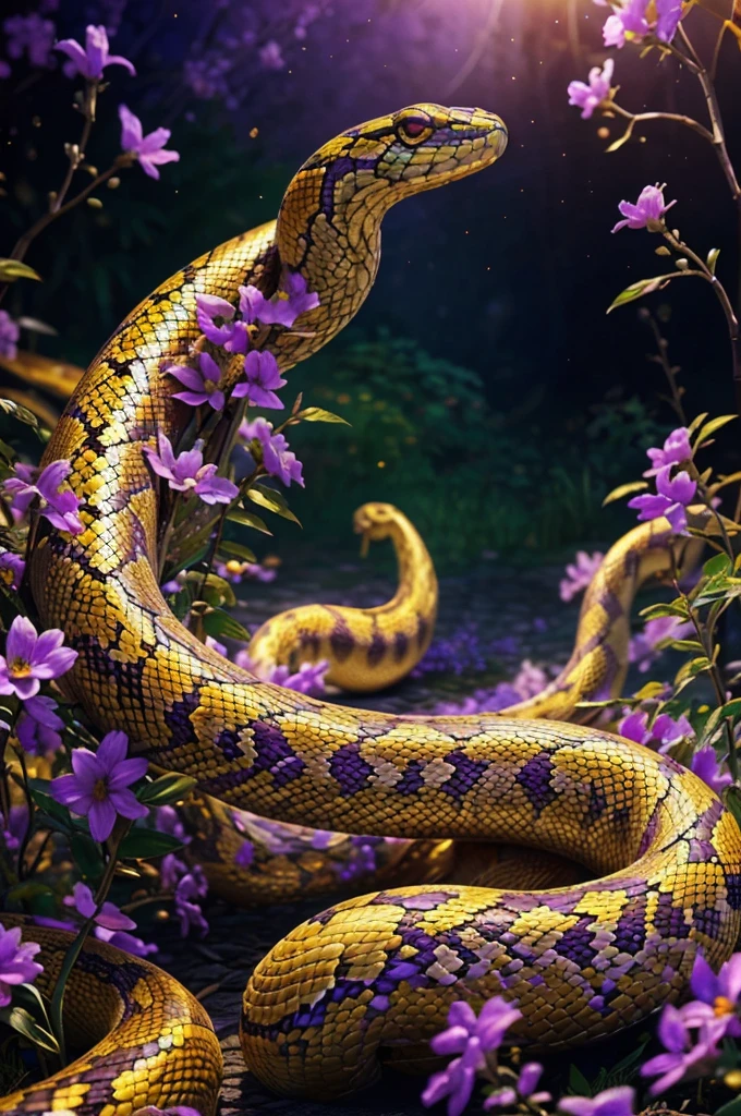 A serpent entangled in a field of vibrant violet and golden flowers, (best quality,4k,8k,highres,masterpiece:1.2),ultra-detailed,(realistic,photorealistic,photo-realistic:1.37),HDR,UHD,studio lighting,ultra-fine painting,sharp focus,physically-based rendering,extreme detail description,professional,vivid colors,bokeh,fantasy,digital art,intricate floral details,ornate snake coiled,glowing golden petals,rich purple blossoms,dramatic lighting,surreal nature scene