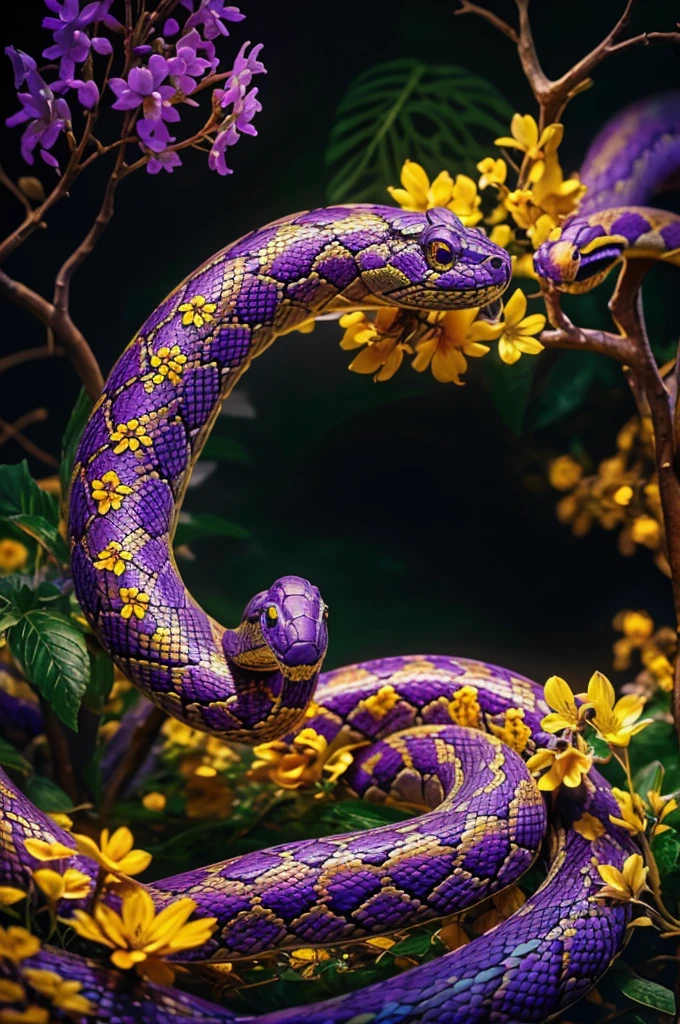 A serpent entangled in a field of vibrant violet and golden flowers, (best quality,4k,8k,highres,masterpiece:1.2),ultra-detailed,(realistic,photorealistic,photo-realistic:1.37),HDR,UHD,studio lighting,ultra-fine painting,sharp focus,physically-based rendering,extreme detail description,professional,vivid colors,bokeh,fantasy,digital art,intricate floral details,ornate snake coiled,glowing golden petals,rich purple blossoms,dramatic lighting,surreal nature scene