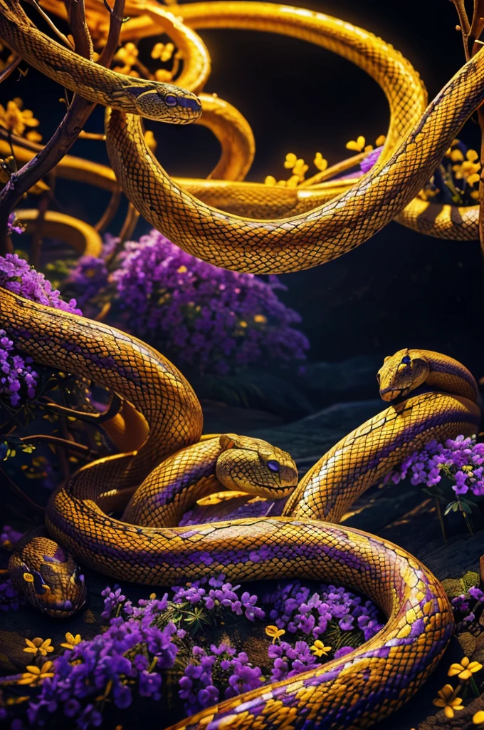 A serpent entangled in a field of vibrant violet and golden flowers, (best quality,4k,8k,highres,masterpiece:1.2),ultra-detailed,(realistic,photorealistic,photo-realistic:1.37),HDR,UHD,studio lighting,ultra-fine painting,sharp focus,physically-based rendering,extreme detail description,professional,vivid colors,bokeh,fantasy,digital art,intricate floral details,ornate snake coiled,glowing golden petals,rich purple blossoms,dramatic lighting,surreal nature scene