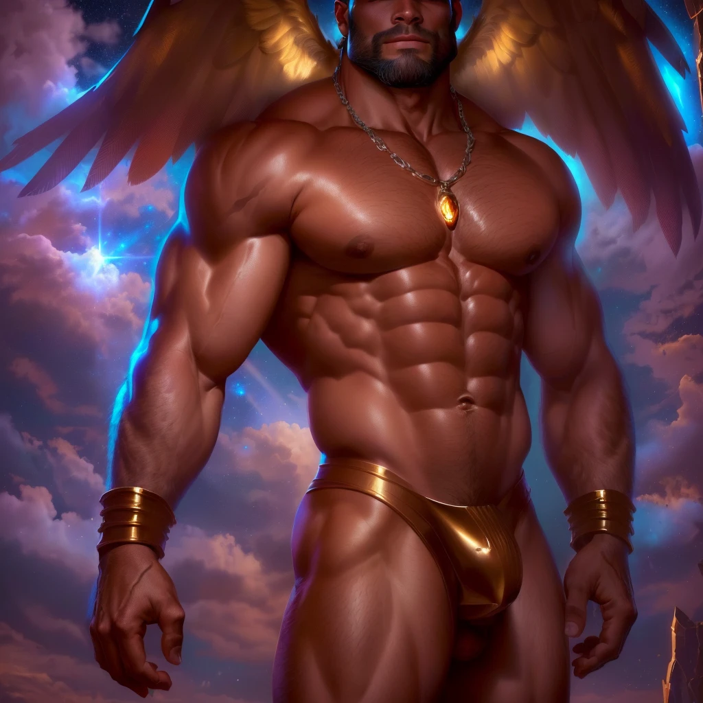 a close-up of a man with a large wing on his chest, muscular male hero, strong and imposing, muscular humanoid balrog demon, robust and attractive male with armor, portrait of the demigod Hercules, heroic male pose, muscular character, muscular! fancy, male aeromorph, male demon, full body majestic angel, demon male man, humano alado, show dick, biggest cock