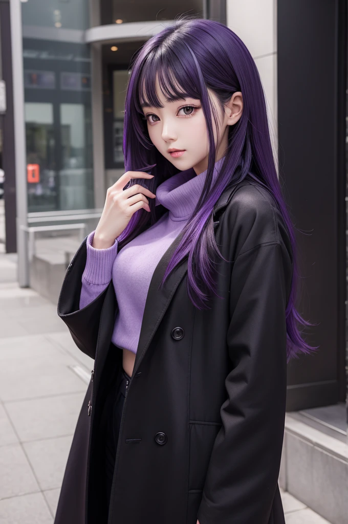 (anime) 1 gorgeous girl, long black hair with purple highlights, purple overcoat