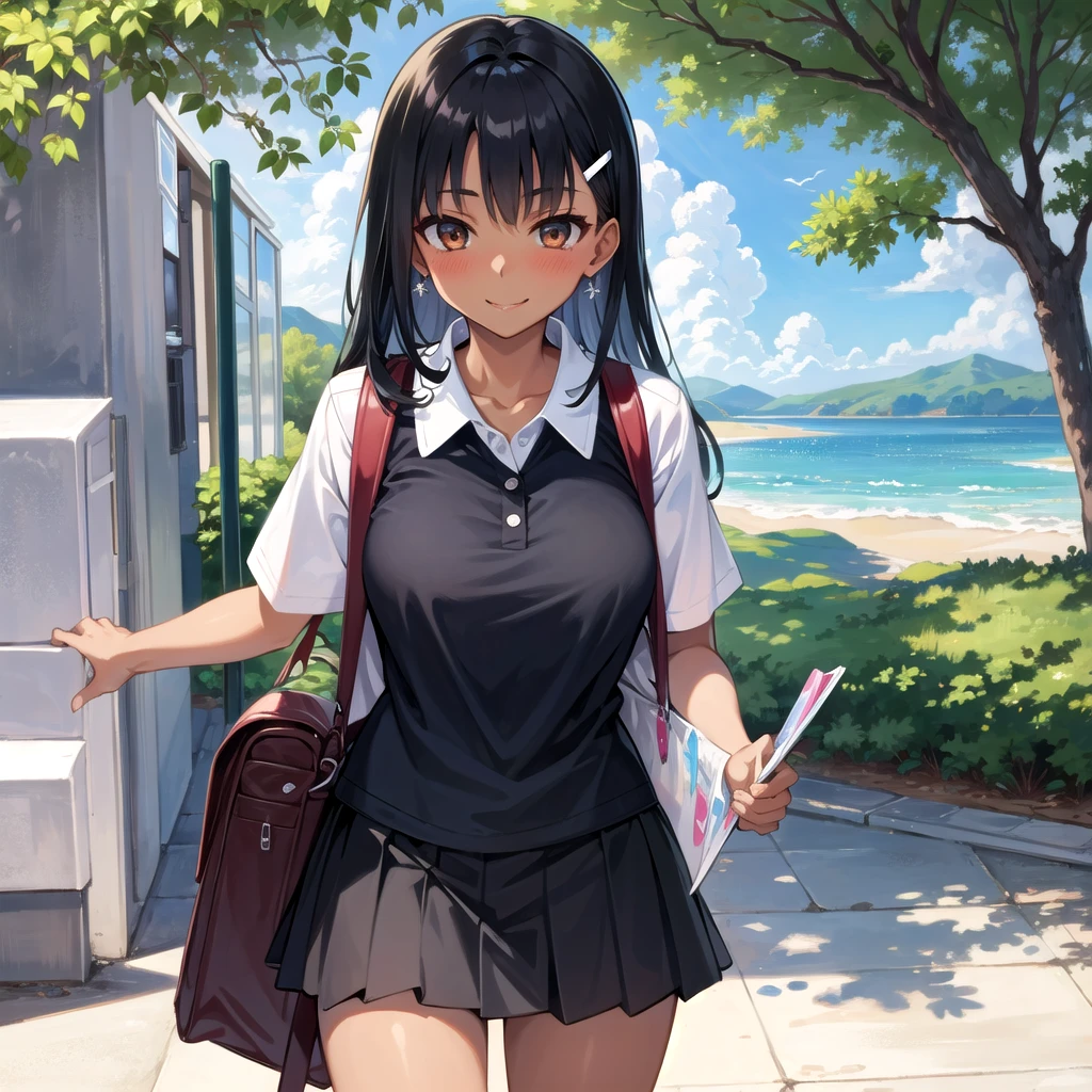 ((Highest quality)), ((masterpiece)), (detailed), One girl, セクシーexpensive body, expensive, Long legs, mature female, mature, Adult, It is_Nagatoro_main, nagatoro hayase, One girl, blush, alone, White polo shirt、 Black Hair, bag, Brown eyes, hair ornaments, View your viewers, Hair Clip, Outdoor, Backpack, smile, Long Hair, White shirt, Dark skinned women, Dark Skin, , bangs, Day, skirt, Collared shirt, clavicle, Ear Clip, Rolled up my sleeves, Mouth closed, wood, asymmetrical bangs, Upper Body