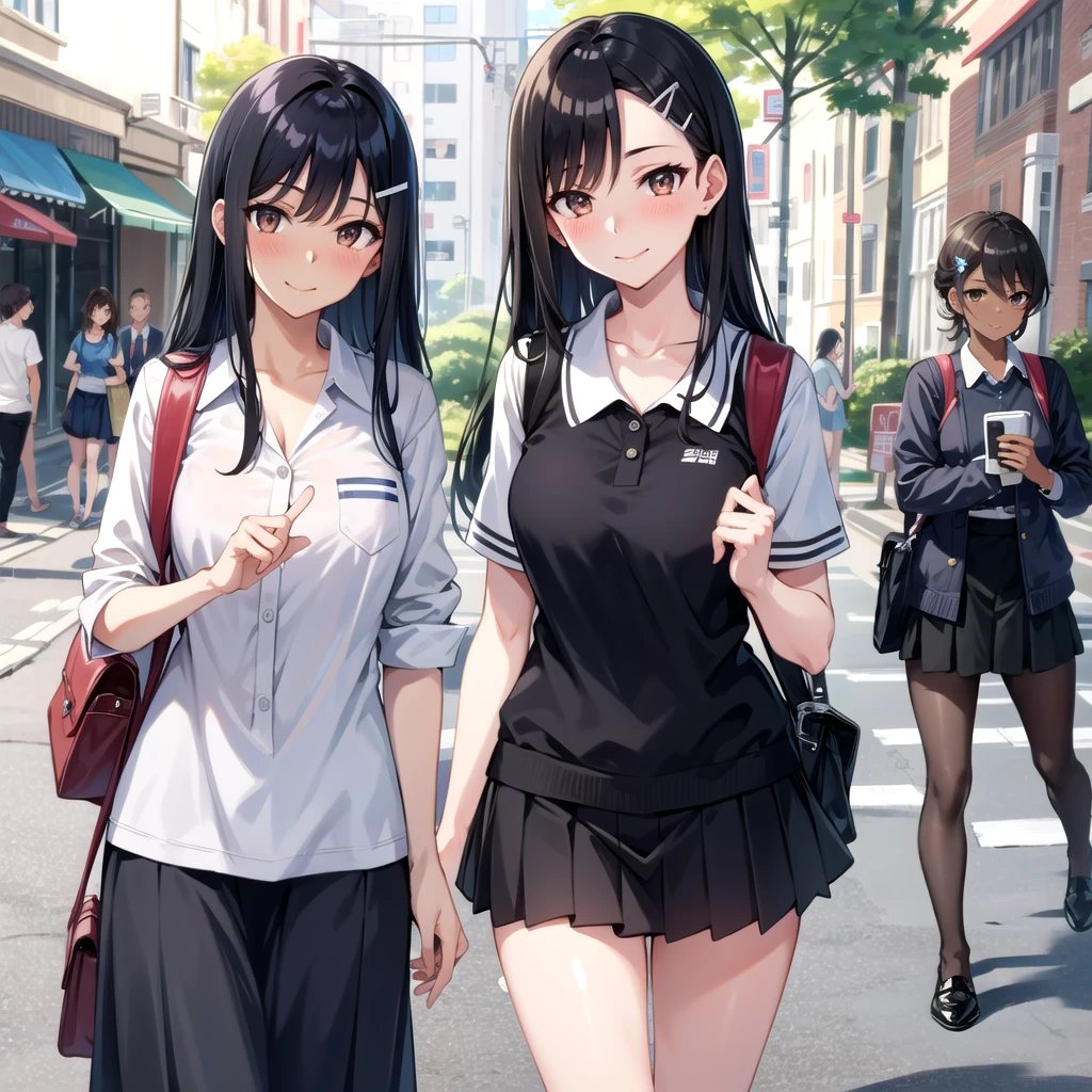 ((best quality)), ((masterpiece)), (details), one girl, sexy ((best quality)), ((masterpiece)), (details), one girl, sexy ((best quality)), ((masterpiece)), (details), one girl, full body, sexy expensive body, expensive, long legs, mature woman, mature, adult, it_nagatoro_main, Nagatoro Hayase, one girl, blushing, alone, uniform polo shirt, black hair, bag, brown eyes, hair accessory, looking at viewer, hair clip, outdoors, backpack, smiling, long hair, dark skinned woman, dark skin, , bangs, daytime, skirt, collared shirt, collarbone, ear clip, mouth closed, tree, asymmetrical bangs, upper body