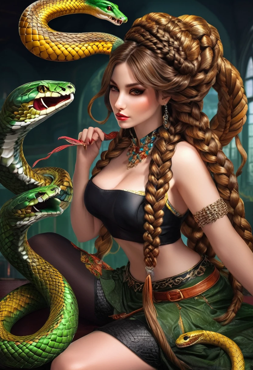 dark fantasy art  (2braids thar become living snakes: 1.5) ((2 identical braids that become snakes: 1.5))of a beautiful woman, reptilian eyes, pale skin, having twin snake braids, ((only two braids made from living snakes: 1.3)) each braid a snake coming out the woman's head, living snake, hissing snake,  on the woman's  head, she wears intricate leather dress, dynamic color dress,  thigh high heeled boots, modern bar background,  dynamic range, vibrant, Ultra-high resolution, High Contrast, (masterpiece:1.5), highest quality, Best aesthetics), best details, best quality, highres, ultra wide angle, 16k, [ultra detailed], masterpiece, best quality, (extremely detailed), snake hair, sn4k3h41r, snake hair