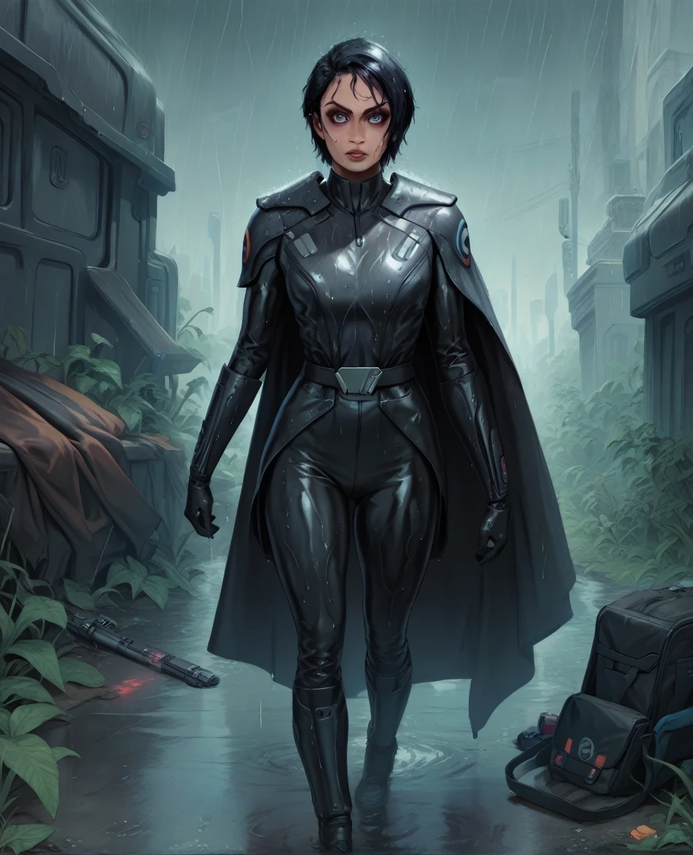 score_9,score_8_up,score_7_up,score_6_up, Black woman sabine wren ,,black hair, FULL body, wet, armor,gloves,black bodysuit,black cape,belt,rain, science fiction,sith base, star wars, outdoors, rain, solo,fflixbag wearing armor sabine wren
