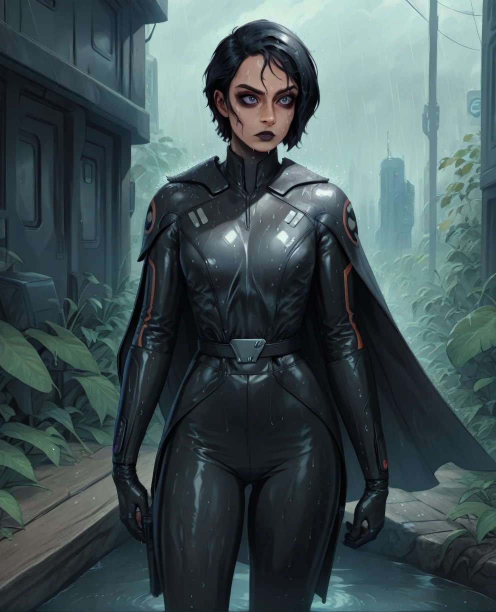 score_9,score_8_up,score_7_up,score_6_up, Black woman sabine wren ,,black hair, FULL body, wet, armor,gloves,black bodysuit,black cape,belt,rain, science fiction,sith base, star wars, outdoors, rain, solo,fflixbag wearing armor sabine wren
