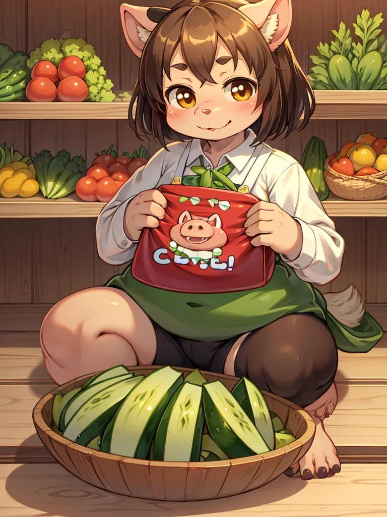Pig Gorilla, Greengrocer, Kaoru Kumada , Welcome! , pop design , bold line , Fujiko Fujio style , troublemaker , Loved vegetables, and loved by vegetables , Stuffing oneself with cucumber