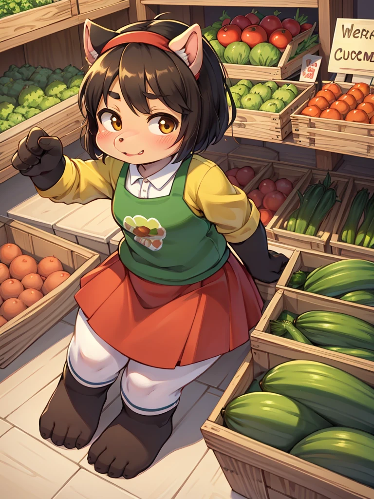 Pig Gorilla, Greengrocer, Kaoru Kumada , Welcome! , pop design , bold line , Fujiko Fujio style , troublemaker , Loved vegetables, and loved by vegetables , Stuffing oneself with cucumber