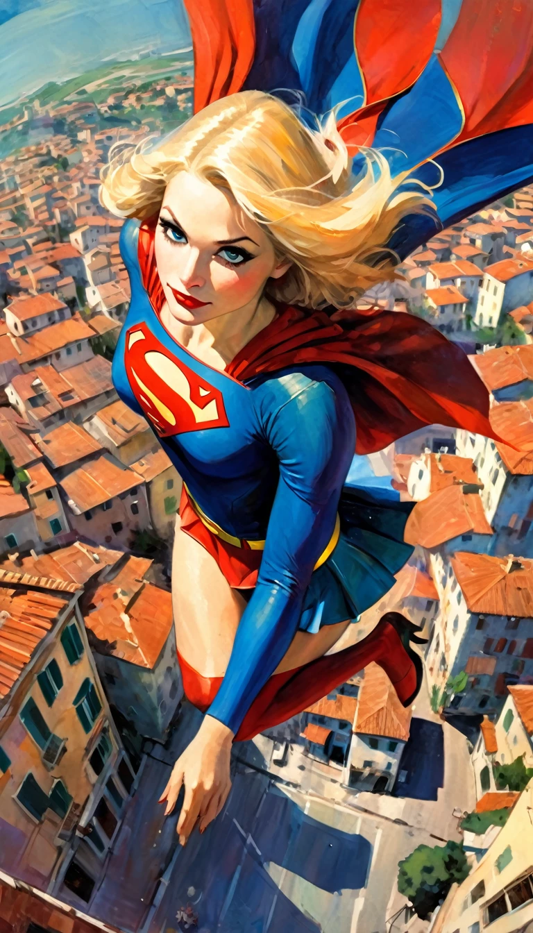 IN THE AIR, a beautiful supergirl flying over a picturesque italian city, oil painting, high detailed face, long wavy hair, dynamic pose, blue sky, cityscape with colorful buildings, vintage style, rich colors, dramatic lighting, impressionistic brushstrokes, masterpiece, ultra-detailed, 8k, hyperrealistic
