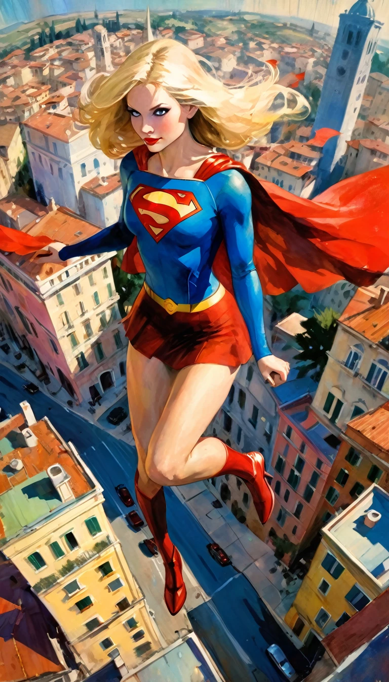 chopped shot, supergirl character, flying over a cute Italian city (art inspired by Bill Sienkiewicz). oil painting)