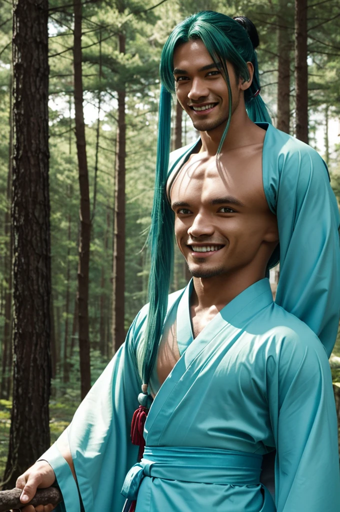 Demon slayer screenshot of a young man with somewhat tanned white skin, his right eye light turquoise blue his left eye bright emerald green, smiling kindly long strong blue hair tied in a long ponytail, She wears a carmine-colored kimono with white stars., forest landscape behind him. anime screenshot