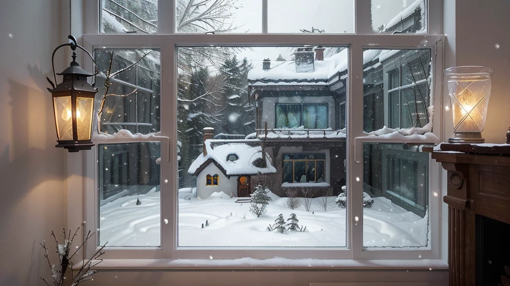 snowy night scene with a house and a lantern, snow outside the windows, snowy winter scene, cosy enchanted scene, winter scene fantasy, snowing outside, cold light from the window, outside in snow snowing, soft glowing windows, lights are on in the windows, beautiful detailed scene, snow scene, winter setting, cold snow outside