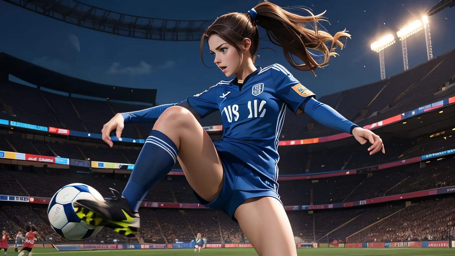 Woman, Brown HAir, Long Hair, Ponytail, Blue Eyes, Very Large Breasts, Soccer uniform, Blue Soccer Uniform, kicking Soccer ball, on Soccer field, sweating, running on soccer field