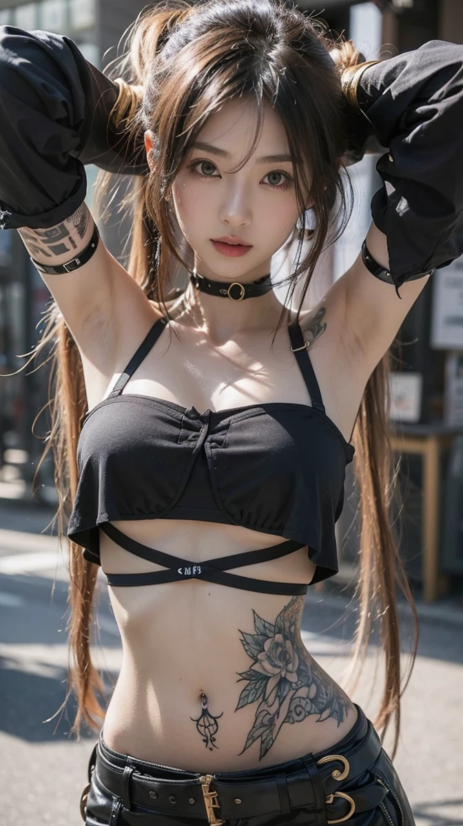 Beautiful Japanese Waifu, early 30s, brunette hair, black bra, neck belt, tattoos on body