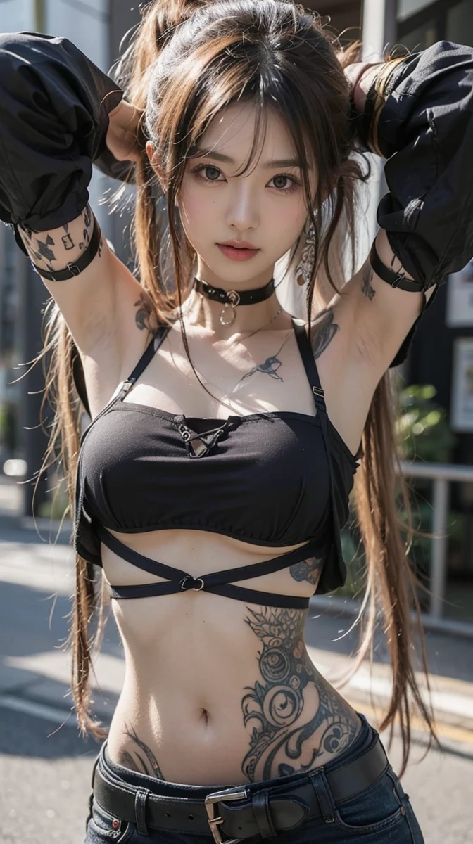 Beautiful Japanese Waifu, early 30s, brunette hair, black bra, neck belt, tattoos on body