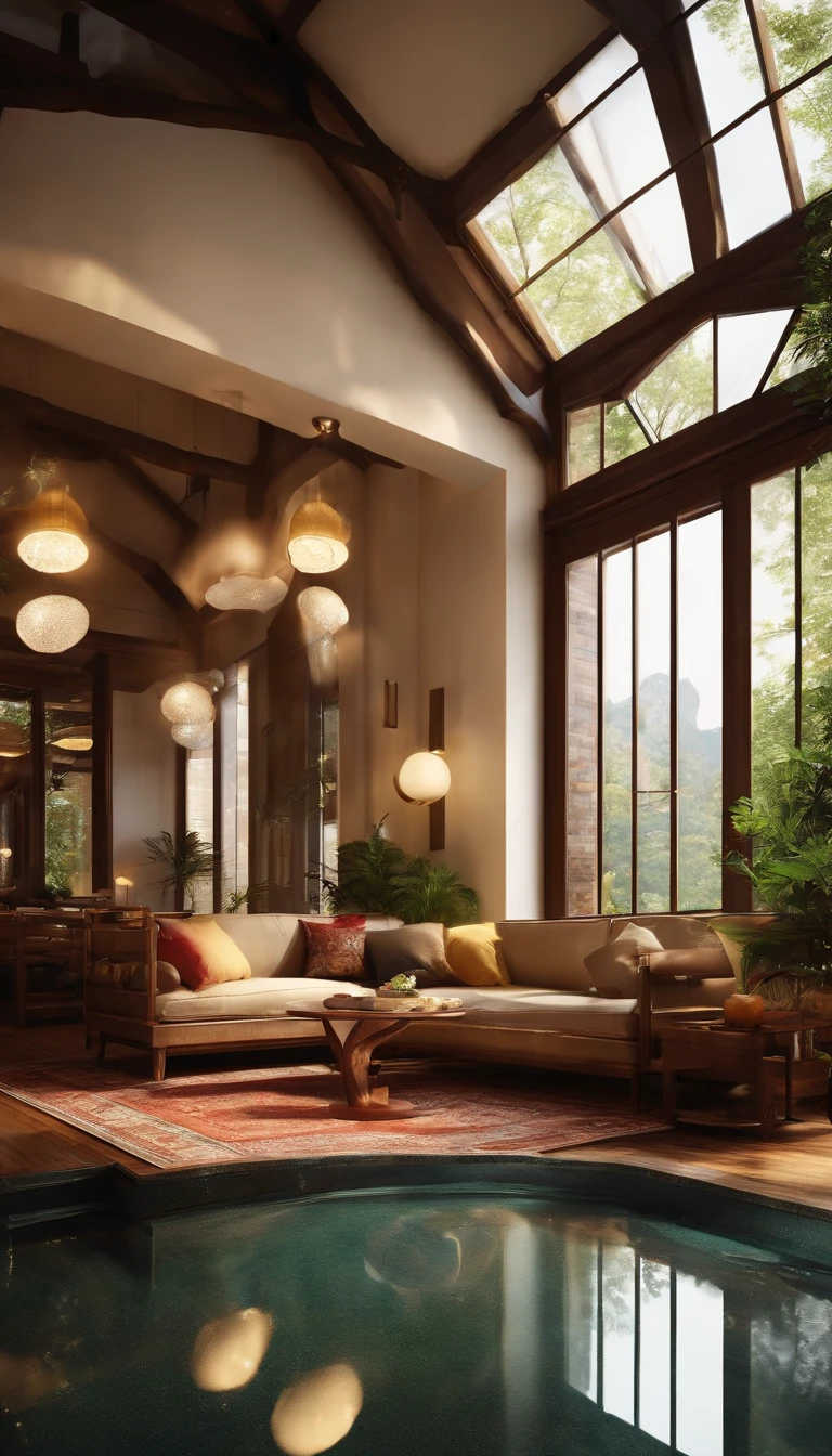 large floor. large ceiling perfect. high resolution. aesthetic window. bright light from window. aesthetic placing. rich food. multi food. royal. rich, food. panoramic windows. bright. daylight. sun rays. happy home. happy color. delicious home. interior design. modern japanese mix europe style interior happy. bright color happy. ultra detail. realistic. dreamy. high resolution. fresh happy. Interior design、detailed wide-angle building photos、cozy contemporary living room、award-winning contemporary interior design、Landscapes、a chair、in a house、wooden floor、window、dining room、east asian architecture、Sliding paper doors、buliding、the woods、natural、Cups、A plant、Interior design、depth of fields. royal rich living room. dining. huge floor huge ceiling, perfect cozy room. aesthetic background. perfect anime room. korean food. ((Masterpiece,best quality,8k uhd,dslr,soft lighting,high quality,hyper detail,film grain, Fujifilm XT3, UE 5 render 8k, super high resolution, supper detail. droste effect photography, macro photography, cinematic lighting, interior design, glossy flooR)), livingroom. reflect. aquarium. large. tropical. luxury. luxurious cozy cafe. wonderfull. amazing.