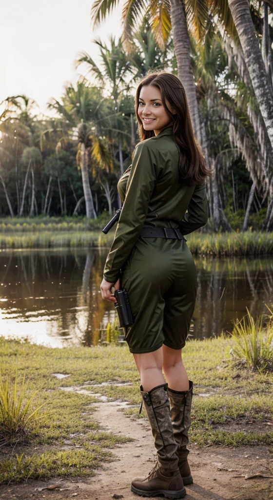 beautiful hunter woman stands with her back to the camera fullbody is visible in sexy outdoor cloth and a gun in her hand in the everglades, turns slightly and smiles into the camera