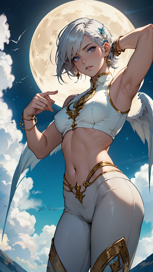 ethereal beauty, perched on a cloud, (fantasy illustration:1.3), enchanting gaze, leotard, pantyhose, stockings, bodysuit, captivating pose, delicate wings, otherworldly charm, mystical sky, large moon, moonlit night, soft colors, (detailed cloudscape:1.3), (high-resolution:1.2), from below, (rating_explicit), (score_9, score_8_up, score_7_up, score_6_up, score_5_up, score_4_up, high res, 4k)Create an image of a female character named Mia Sigrdrifa with pale white skin, light gray hair, and gray eyes. She should be wearing an exotic, Arabian-inspired outfit, including a turquoise crop top, harem pants, and gold accessories. The outfit should have intricate designs and patterns, perfect body, 18 yers old