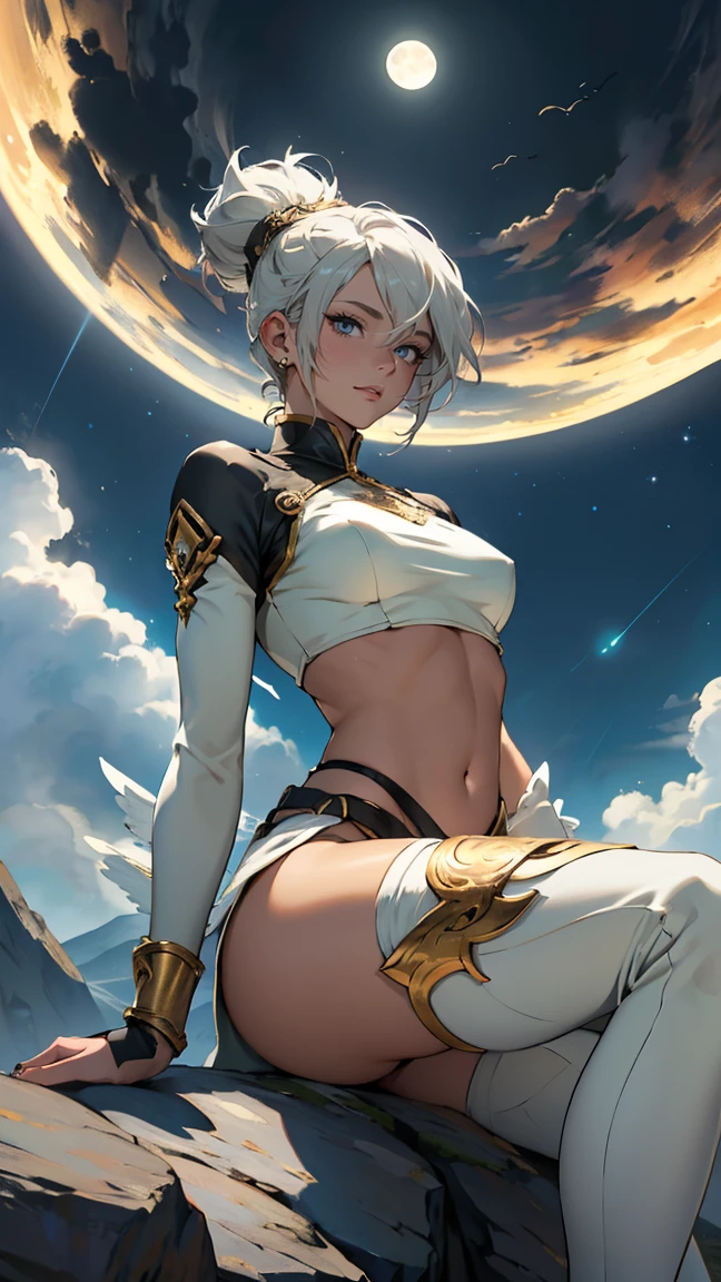 ethereal beauty, perched on a cloud, (fantasy illustration:1.3), enchanting gaze, leotard, pantyhose, stockings, bodysuit, captivating pose, delicate wings, otherworldly charm, mystical sky, large moon, moonlit night, soft colors, (detailed cloudscape:1.3), (high-resolution:1.2), from below, (rating_explicit), (score_9, score_8_up, score_7_up, score_6_up, score_5_up, score_4_up, high res, 4k)Create an image of a female character named Mia Sigrdrifa with pale white skin, light gray hair, and gray eyes. She should be wearing an exotic, Arabian-inspired outfit, including a turquoise crop top, harem pants, and gold accessories. The outfit should have intricate designs and patterns, perfect body, 18 yers old