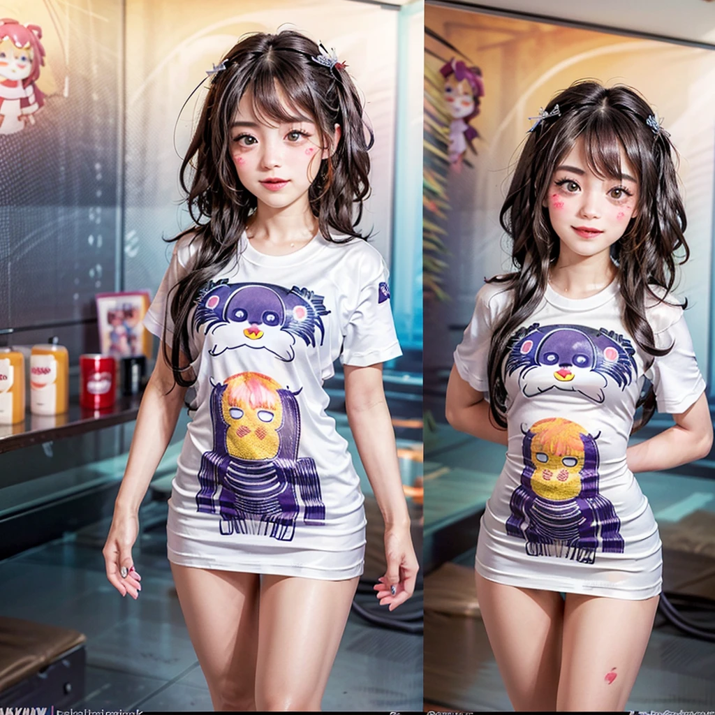 White and Bright Red, (Masterpiece 8K TopQuality:1.2) (ProfessionalPhoto:1.37) ExtremelyDetailed (((a KAWAII girl's Face Printed on T-shirt:1.4))) oversized t-shirt BREAK (((NOGIZAKA FaceVariations))), Extremely Detailed very KAWAII FaceVariations, Childish CaptivatingGaze Stunning ParfectEyes ElaboratePupils with (SparklingHighlights:1.28), DoubleEyelids with (Detailed Voluminous LongEyelashes:0.88), Small GlossyRedLips with BeautifulDetails, CoquettishTongue, PUNIPUNI RosyCheeks, Radiant PearlSkin with Transparency, Glowing DowneyHair . { (Dynamic Joyful expressions LifeLike Rendering:1.4) | (:d) }, (large eyes:-1) .