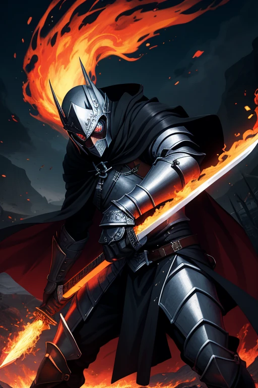 (absurdities, official art, Unity 8k wallpaper, ultra detailed, high quality, best quality), 1 warrior, detailed face, attentive and focused eyes, black cloak, flaming sword, very elaborate, highly detailed silver armor, absurd, with the sword in his right hand in attack position, masterpiece,