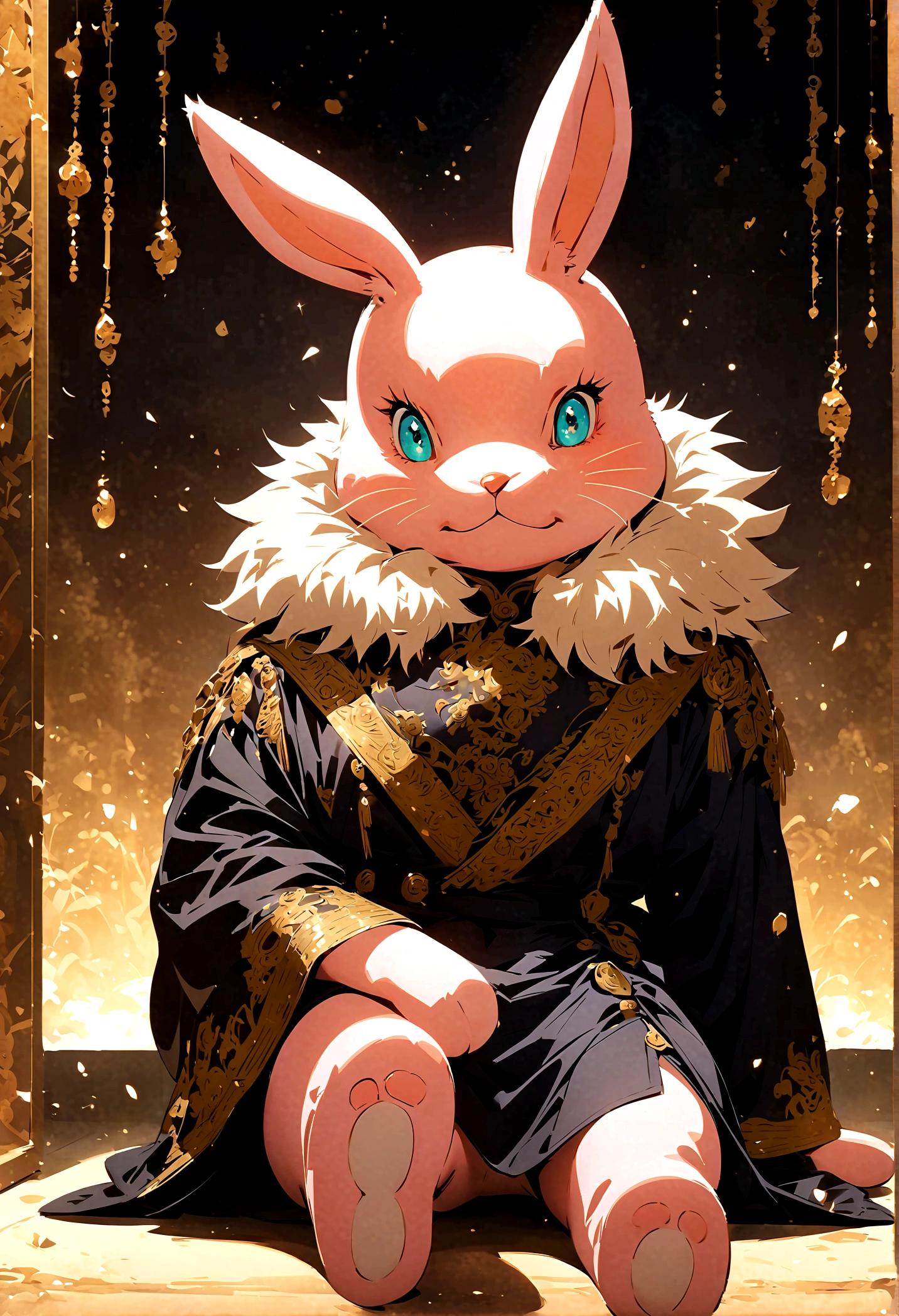 (jujutsu kaisen art style), stuffed bunny sitting by itself, Large ears , non human, artwork, bigger ears
