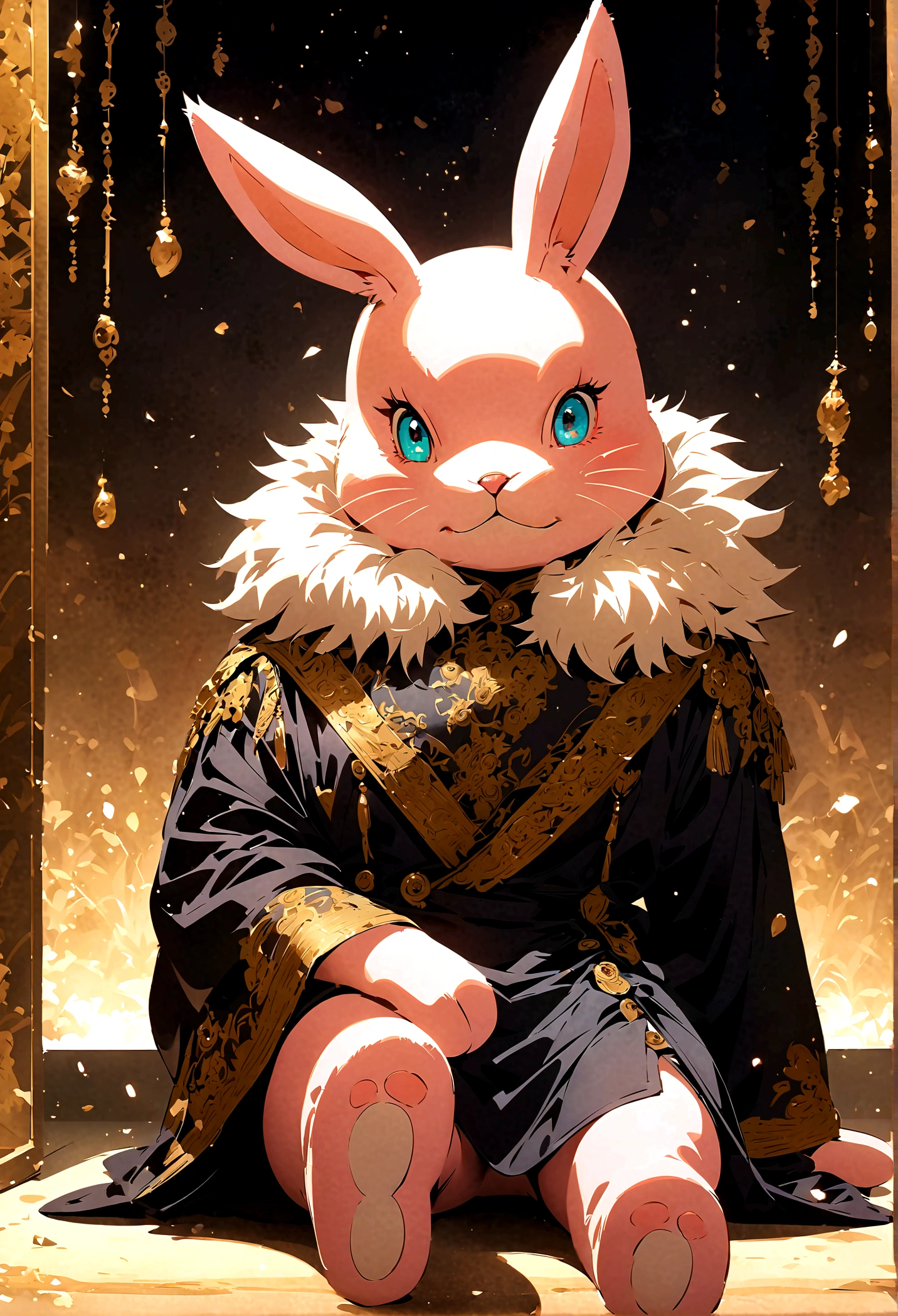 (jujutsu kaisen art style), stuffed bunny sitting by itself, Large ears , non human, artwork, bigger ears