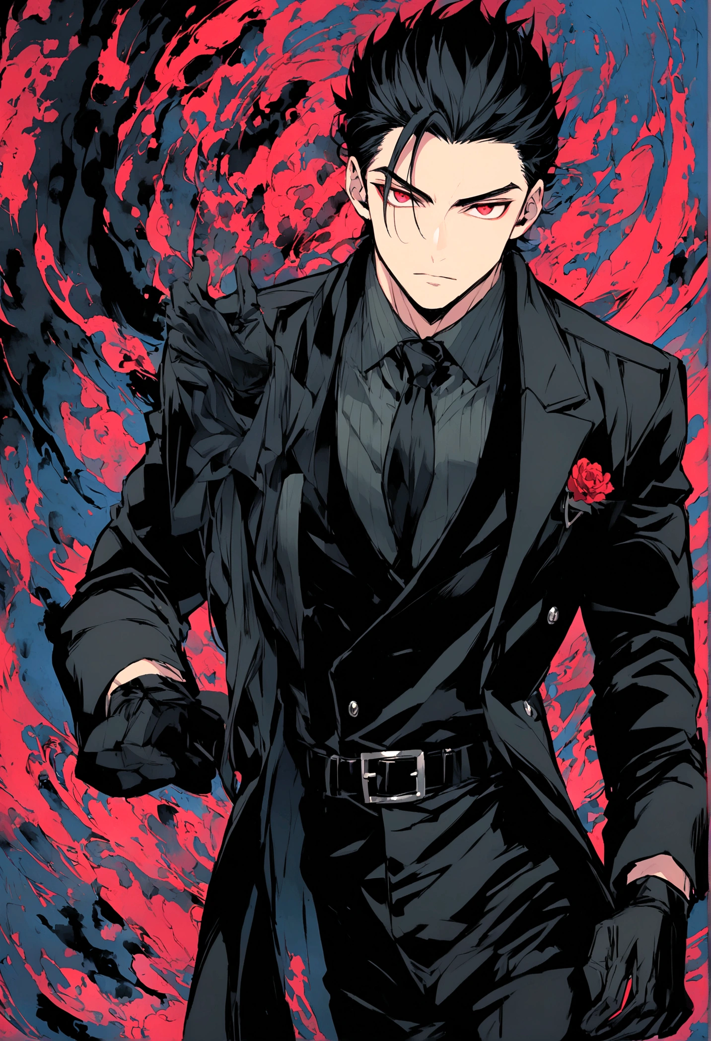 masculine man, high , muscular , with full black suit and open black trench coat , short black hair combed back and Red eyes , black belt and black gloves ,Delgado , ,24 years old