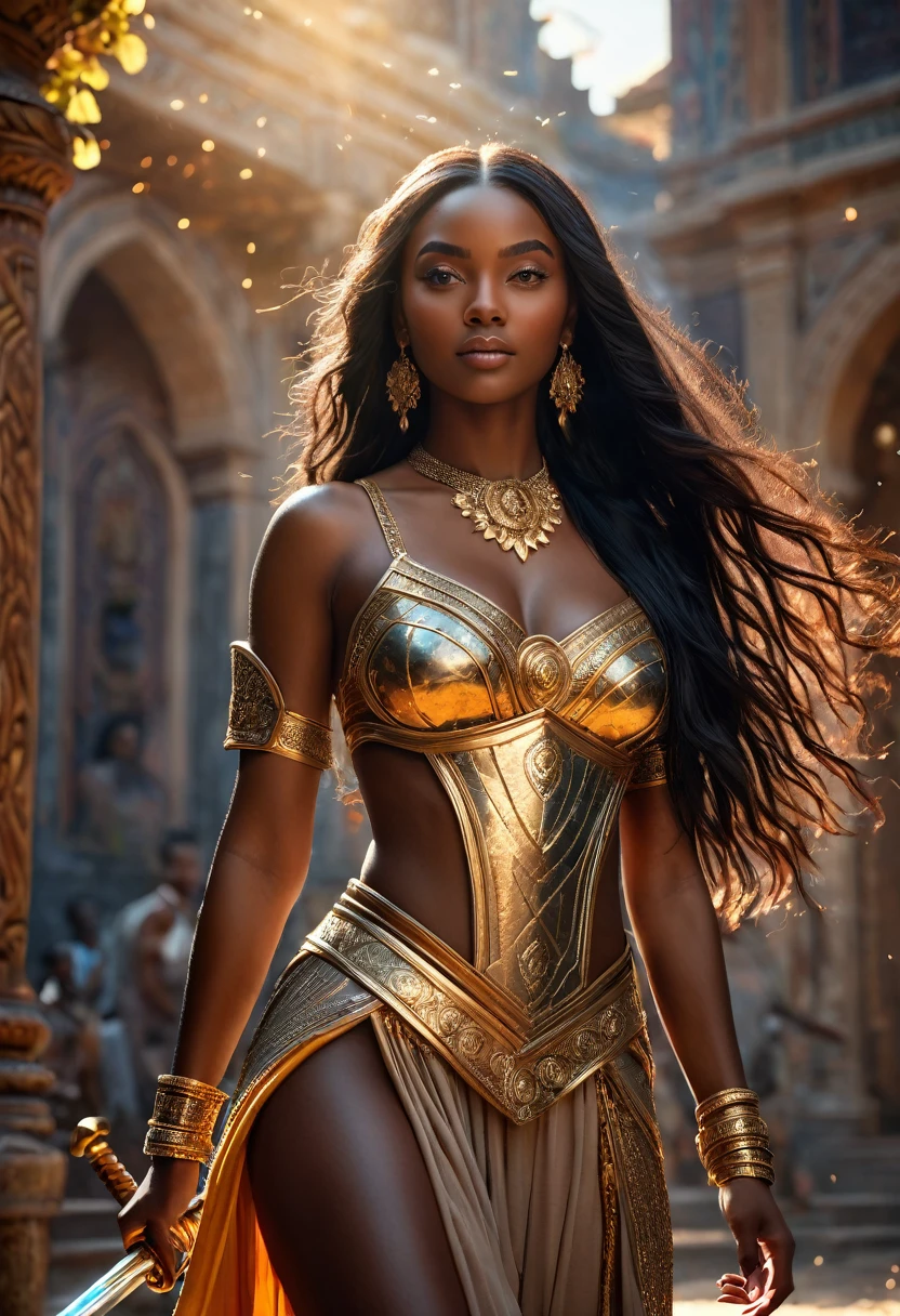 Novel in ancient kingdom of Ashanti, a beautiful young darkskin woman with (((a long black hair young queen))) with (((a young european king with bright skin and light brown hair))), fighting with luminous swords and lances, (((very beautiful))), perfect faces, whole body, romantic scene, romantic Way, sexy couple, 8K, extremely detailed, (high quality, realistic, photorealistic: 1.37), Full body, ideal proportions and defined complexion, meticulously crafted features, unreachable beauty, perfection, artistic masterpieces, vivid realism, hyper-detailed sculptures, war, chaotic scene, life-like forms, truly awe-inspiring, impeccable craftsmanship, pure radiance, ethereal beauty, delicate contours, striking poses, sublime beauty, subtle nuances, dynamic compositions, vibrant colors, perfect lighting, soulful expressions, celestial aura, majestic presence, dreamlike atmosphere, unmatched gdetailed octane render trending on artstation, 8 k artistic photography, photorealistic concept art, soft natural volumetric cinematic perfect light, chiaroscuro, award - winning photograph, masterpiece, oil on canvas, beautiful detailed intricate insanely
