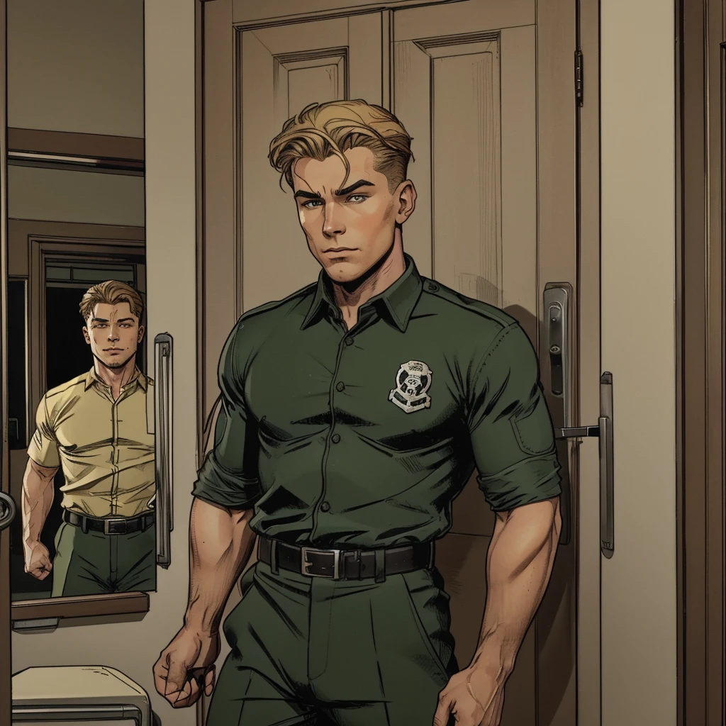 llustration in Leyendecker style : The sergeant he got with him is a young dude, probly just 23 or so. And for sure he's a jackd bodybuilder type...kinda light colored hair, hard to tell realy cause he keeps it in a goddam horseshoe type high and tight. He got the perfect shape skull for it to. They ignore me goin by the door of my room and I hear em talkin, gettin outa their uniforms and ready to lift. Seems to be takin a good while, and I'm pretty sure I knowAnyway, SGT M., who's name turned out to be Kyle, is wearing silkies about as old and faded as Jake's. He got on a skivvy shirt, the green kind we wear with the uniform, and its too fuckin small for him, hell yeah,,, he wants to show off them sexy fucking muscles.