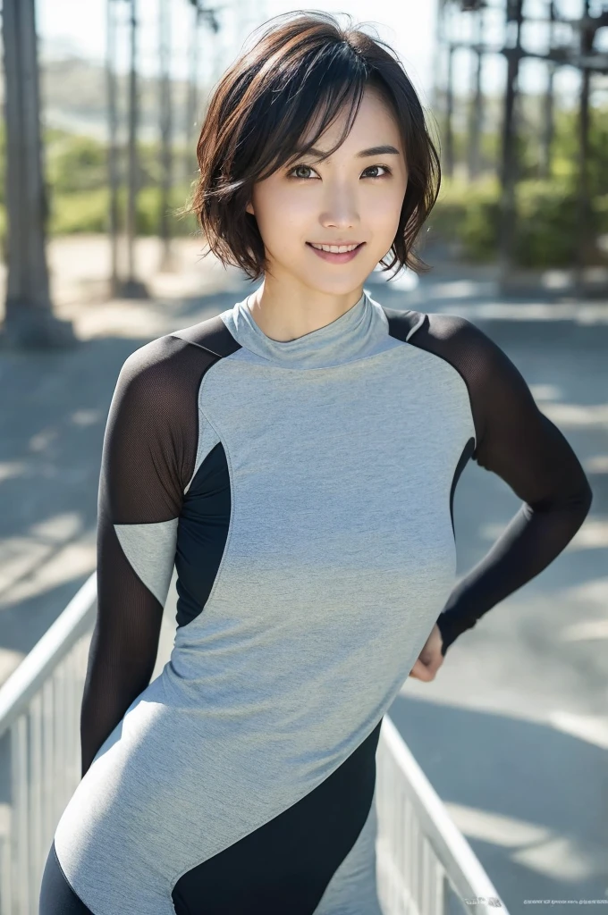 ((Great quality,Great quality,high quality, very beautiful,beautiful, 最high quality, Realistic)) ,One woman,(Open Stance),((Black Sports Shirt, White Yoga Pants,Belly button,Low rise)),((Light brown hair,blunt bangs, pixie cut, 太くてbeautiful眉)),Detailed body,photograph,3D, texture,, View here, ((最high quality, Great quality, very beautiful, Absurd))、(Perfect beautiful face 1.2),(smile),(Perfect and beautiful posture:1.2),(30 year old beautiful Japanese woman),(Mature Woman),(Face with makeup),((((Flat Chest)))),Big Ass,Strong legs, Vertical navel,(Muscular body),(whole bodyに汗をかく:1.2),超高解像度のphotograph,Looking at the camera,(Stand facing forward),(whole body),