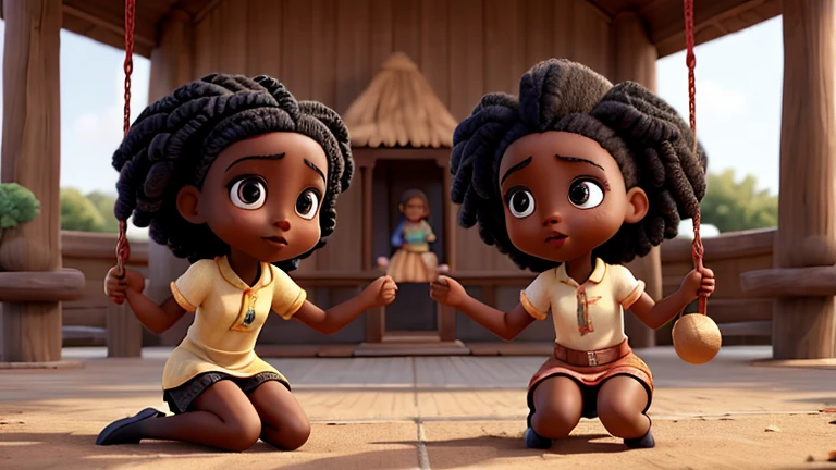 Visualize black children Hadassa and Sophia fighting over simple things like who goes on the swing first, who has the most toys, etc. Their expressions demonstrate frustration and competitiveness, while their parents watch with concern as they