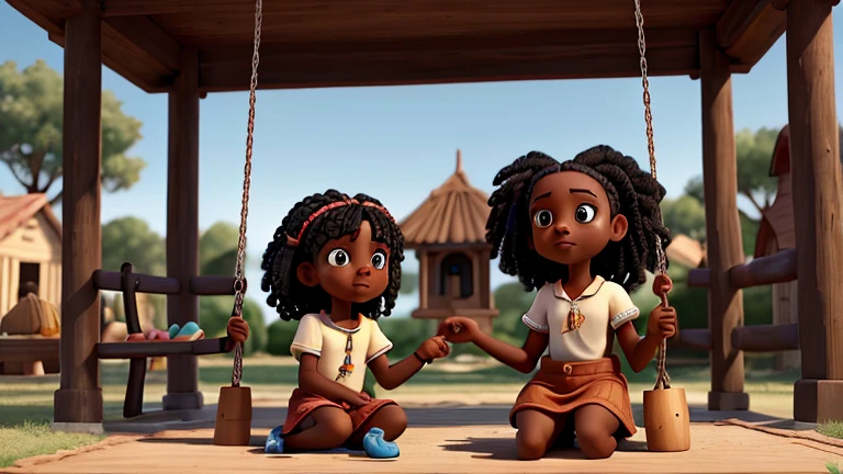 Visualize black Hadassa and Sophia fighting over simple things like who goes on the swing first, who has the most toys, etc. Their expressions demonstrate frustration and competitiveness, while their parents watch with concern as they
