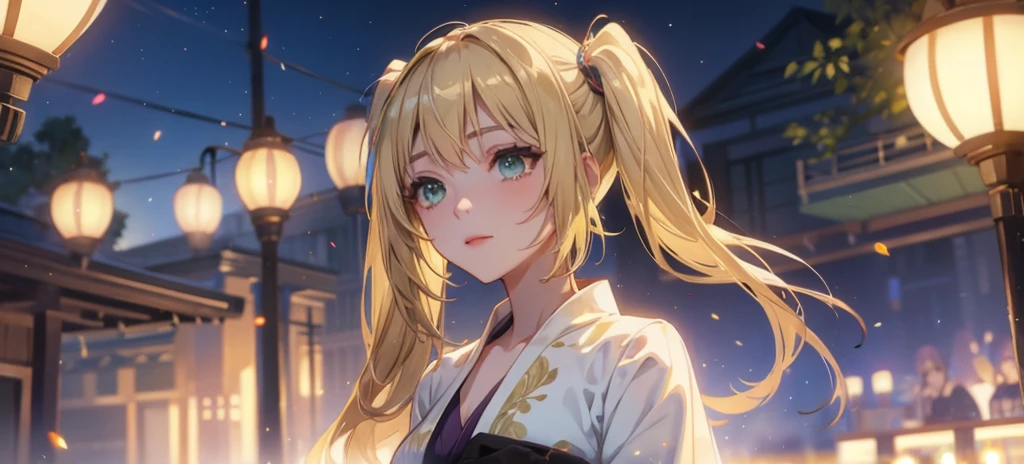 Layla , kimono night in firework , blonde hair, pigtailed haired , long hair , green eyes