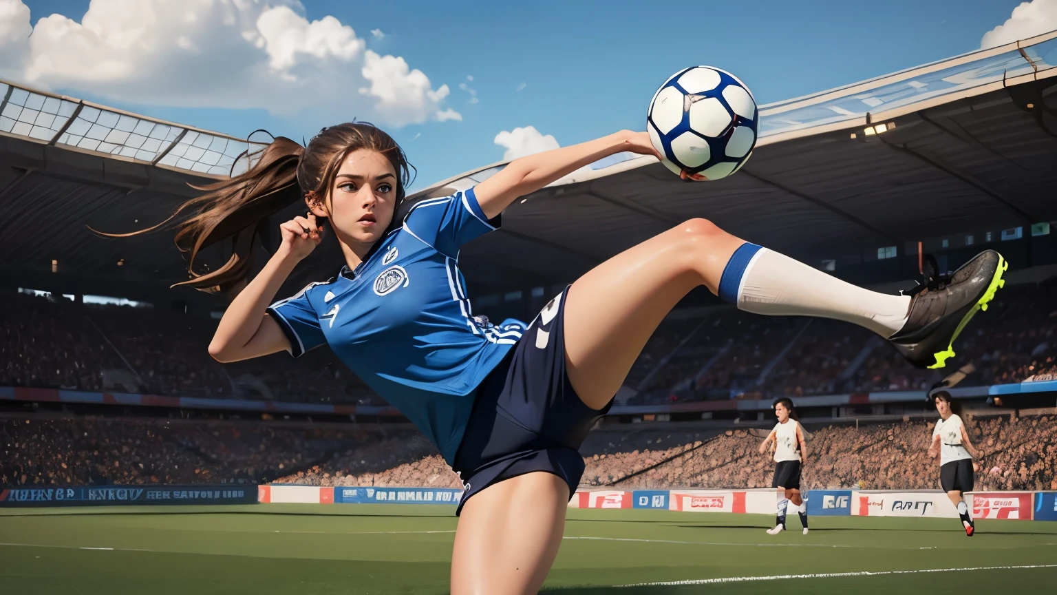 Woman, Brown HAir, Long Hair, Ponytail, Blue Eyes, Very Large Breasts, Soccer uniform, Blue Soccer Uniform, kicking Soccer ball, on Soccer field, sweating, running on soccer field