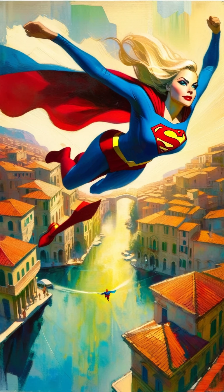 view from above supergirl character, flying over a nice Italian city (art inspired in Bill Sienkiewicz). oil painting)