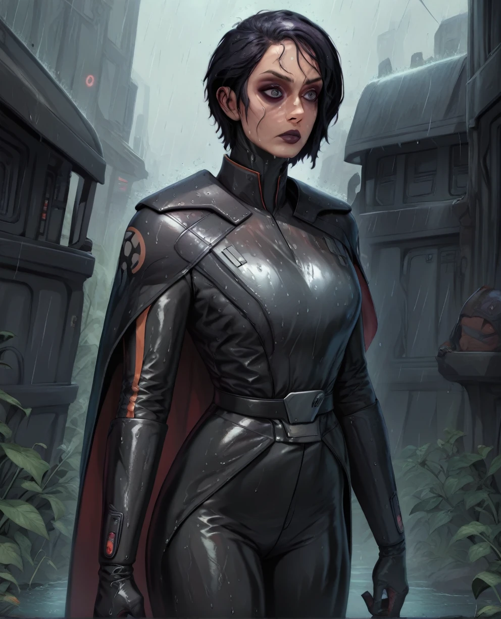 score_9,score_8_up,score_7_up,score_6_up, Black woman sabine wren ,,black hair, FULL body, wet, armor,gloves,black bodysuit,black cape,belt,rain, science fiction,sith base, star wars, outdoors, rain, solo,fflixbag wearing armor sabine wren
