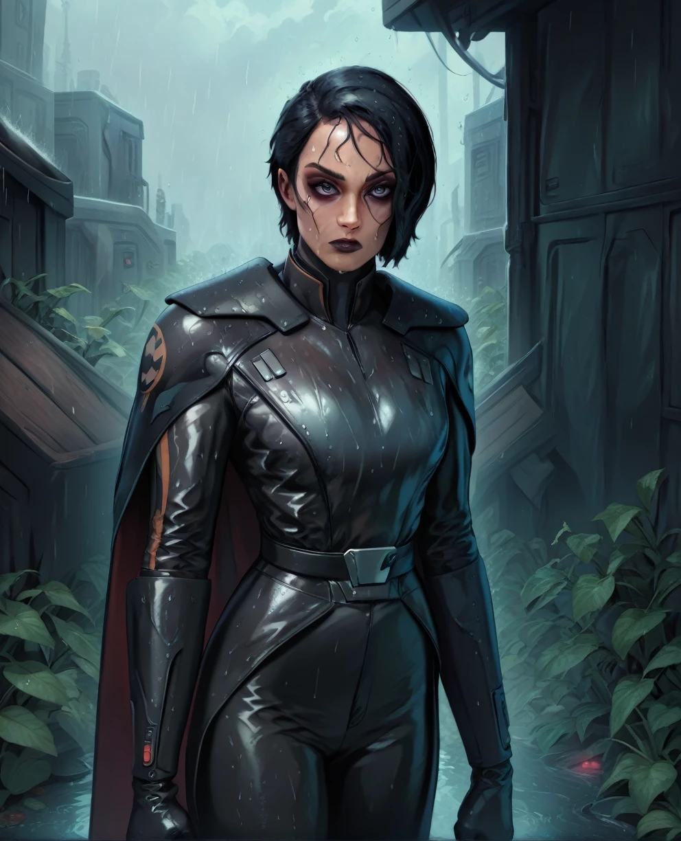 score_9,score_8_up,score_7_up,score_6_up, Black woman sabine wren ,,black hair, FULL body, wet, armor,gloves,black bodysuit,black cape,belt,rain, science fiction,sith base, star wars, outdoors, rain, solo,fflixbag wearing armor sabine wren
