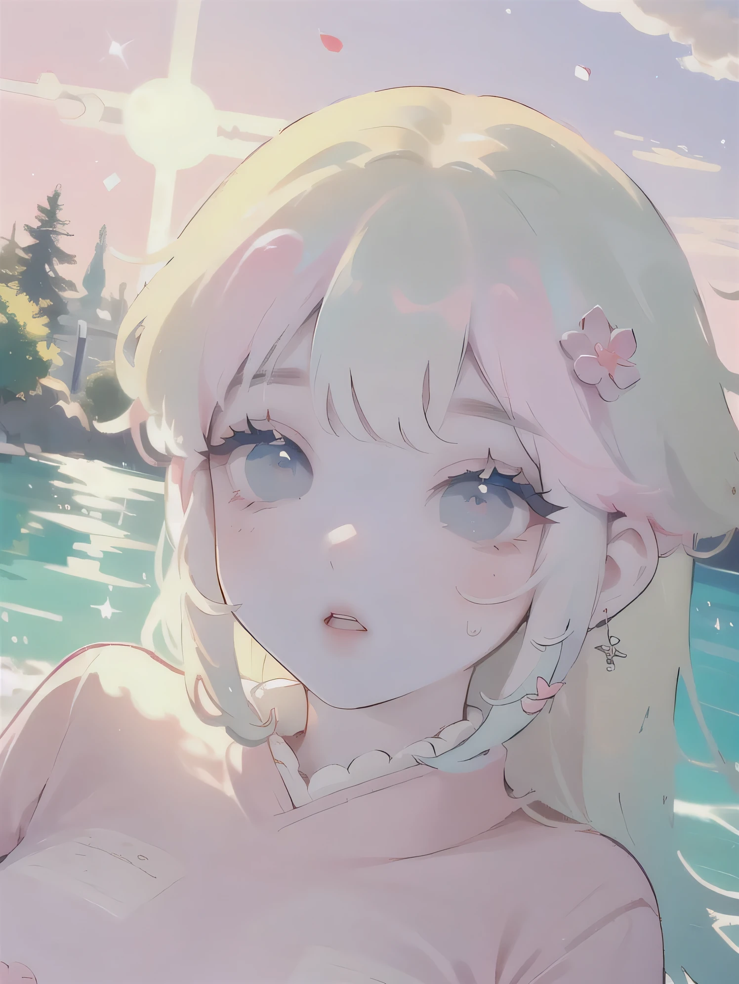 (high quality) (best quality) (a woman) (correct physiognomy) (perfect students) (perfect eyes) anime woman, deep pink, long and fluffy hair, two rabbit ears coming out of her head, blue eyes, lips sensitive, feminine appearance, soft facial features, thin eyebrows, soft skin, rosy cheeks, pink lips, silky eyelashes, dreamy expression, middle age, youthful clothing, print sweatshirt, photo illuminated by sunlight, Woman sitting on the river.