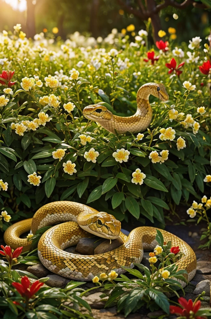 a snake surrounded by white, red and golden flowers, detailed snake, detailed flowers, intricate floral details, highly detailed, photorealistic, 8k, masterpiece, studio lighting, vibrant colors, natural lighting, lush garden, nature scene