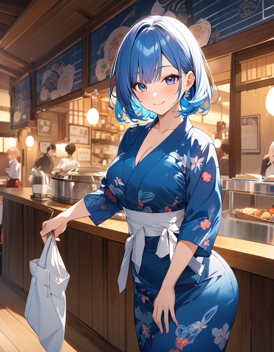 (Highest qualityのイラスト:1.2), (cute女の子:1.1), (1 girl、17 years old、Highest qualityのイラスト:1.2), (1 girl、smile、Beautiful breasts、Very detailedな目:1.2)、Bright blue hair、Short Bob Hair、(Highest quality、Very detailed、Very detailed and beautiful、Ultra-high resolution) 、Stylish cafe、waitress、Yukata、smile、cute