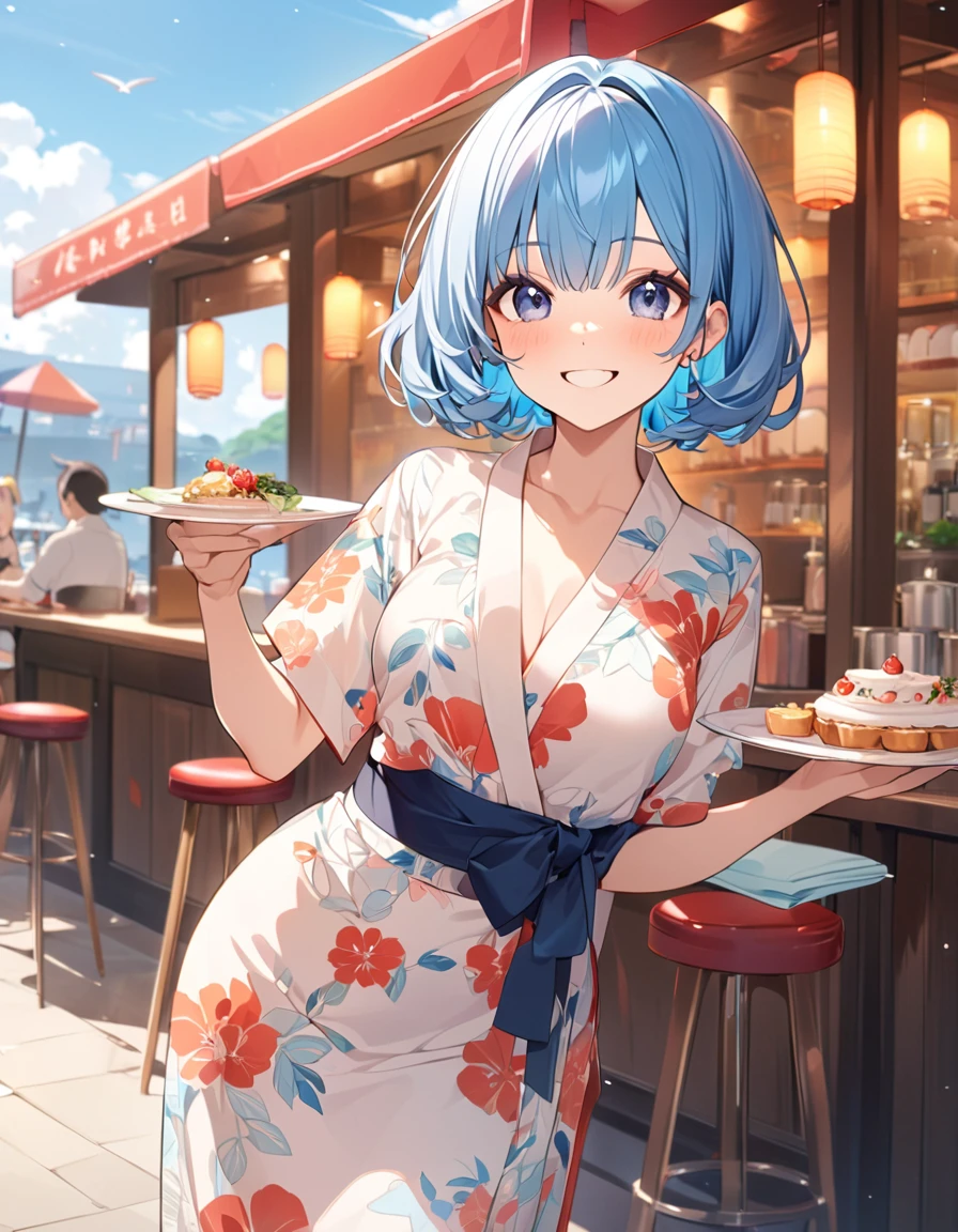 (Highest qualityのイラスト:1.2), (cute女の子:1.1), (1 girl、、Highest qualityのイラスト:1.2), (1 girl、smile、Beautiful breasts、Very detailedな目:1.2)、Bright blue hair、Short Bob Hair、(Highest quality、Very detailed、Very detailed and beautiful、Ultra-high resolution) 、Stylish cafe、waitress、Yukata、smile、cute