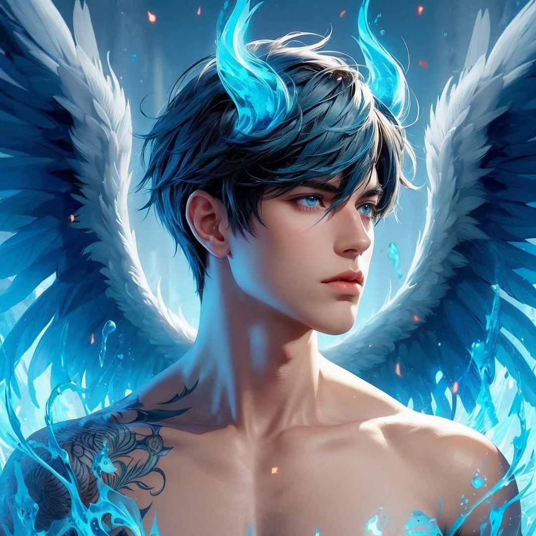 Handsome boy, blue hair, shining blue eyes, blue wings