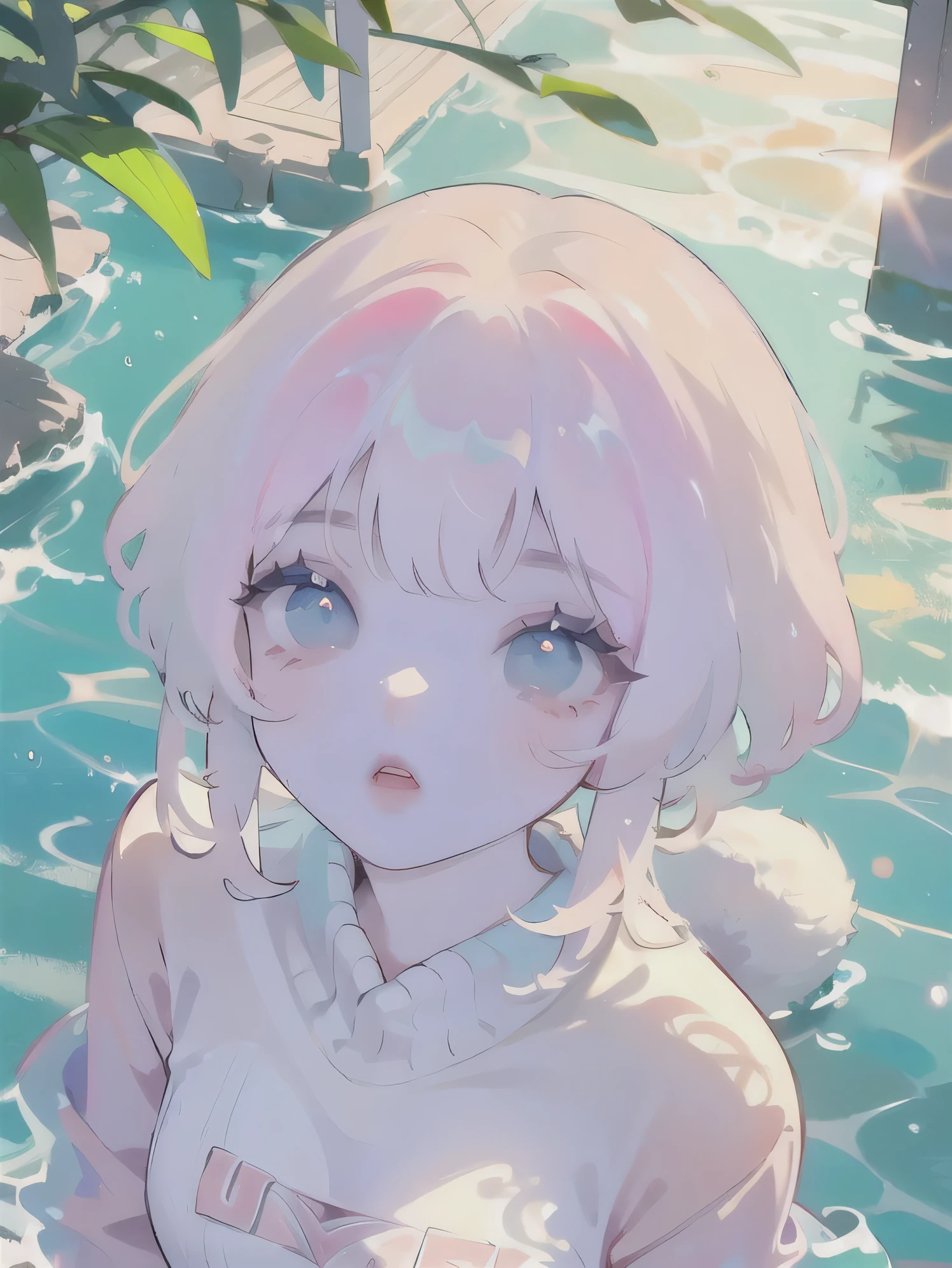 (high quality) (best quality) (a woman) (correct physiognomy) (perfect students) (perfect eyes) anime woman, deep pink, long and fluffy hair, two rabbit ears coming out of her head, blue eyes, lips sensitive, feminine appearance, soft facial features, thin eyebrows, soft skin, rosy cheeks, pink lips, silky eyelashes, dreamy expression, middle age, youthful clothing, print sweatshirt, photo illuminated by sunlight, Woman sitting on the river.