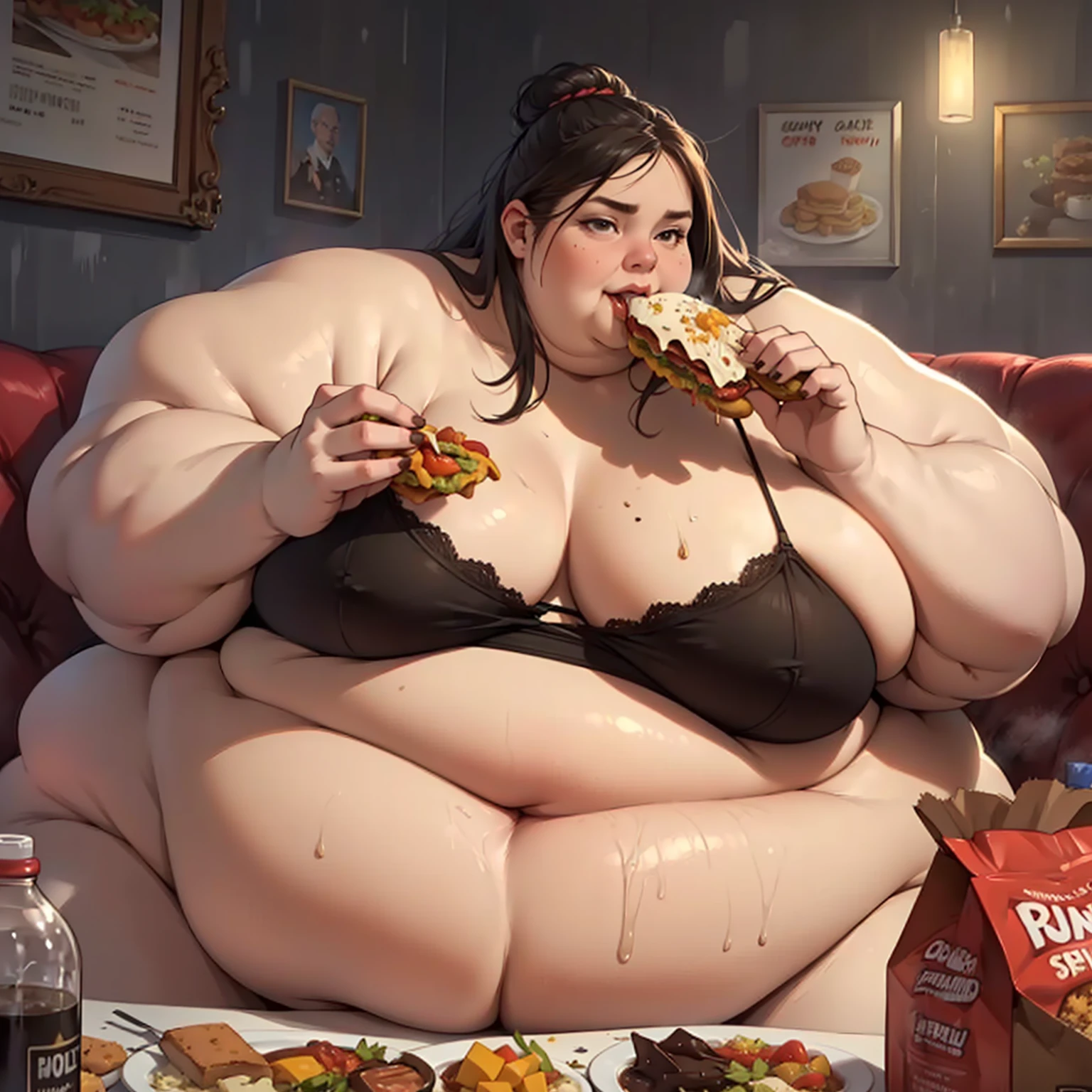 (masterpiece, best quality, highres, detailed, realistic:1.2), young woman, USSBBW, (morbidly obese:1.2), (fatblob:1.2), (immobile:1.2), detailed face, beautiful face, high aesthetic, (eating junk food:1.2), restaurant, messy, slob