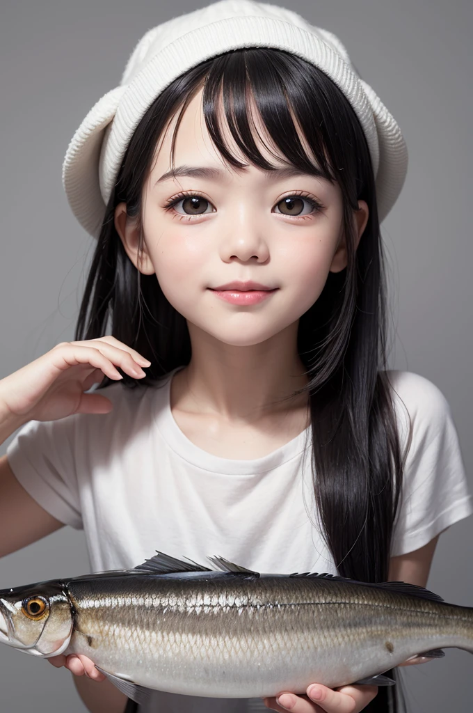 Generate an image of a white, age 2 years, black hair and face with sardines, slightly slanted eyes, happy expression on neutral background
