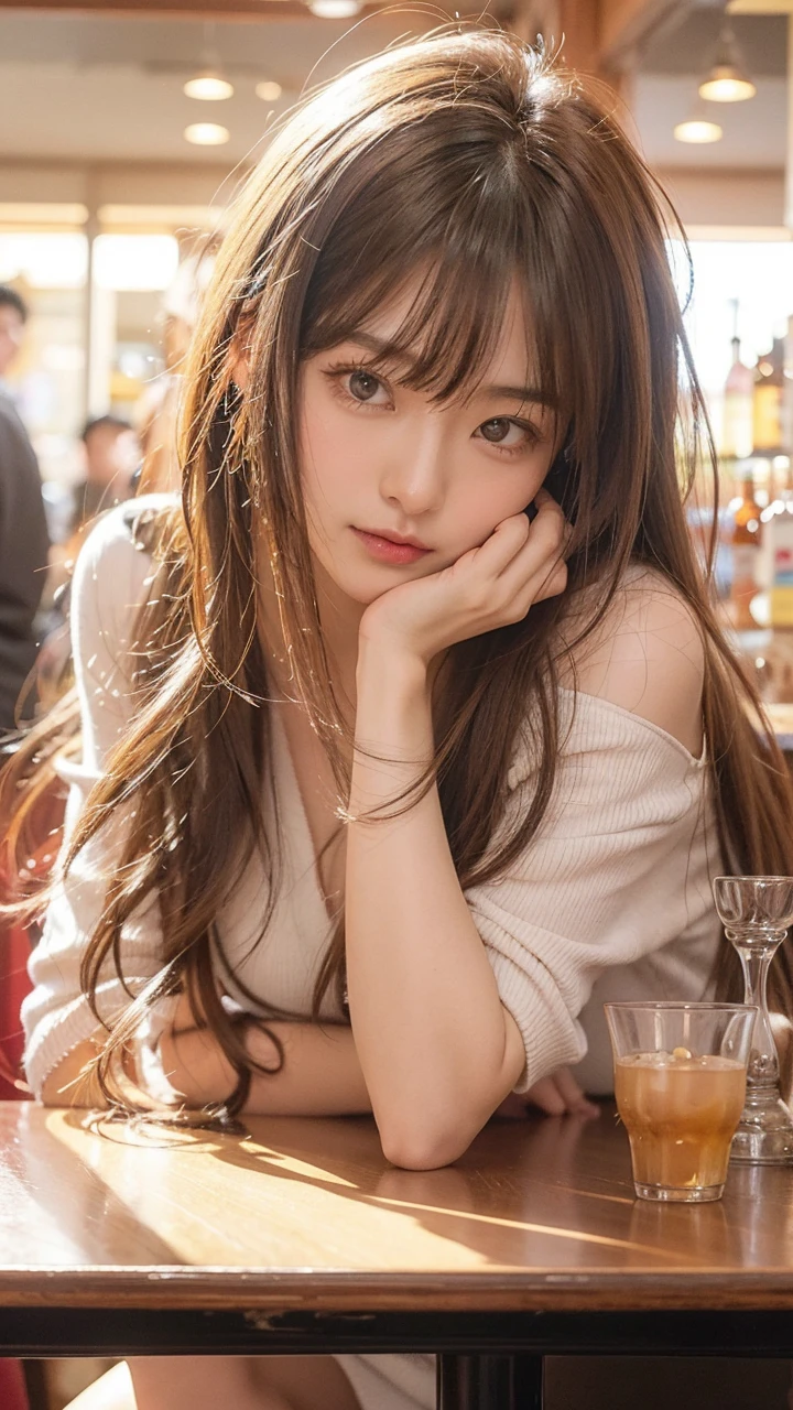 Beautiful Japanese Waifu, early 30s, brunette hair, slightly drunk, sitting in a busy bar