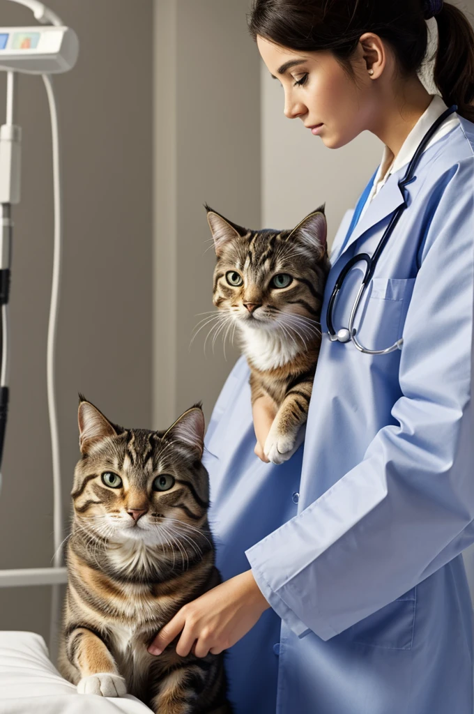 ((best quality)), ((masterpiece)), (detailed), perfect face, a cat dressed as a doctor, working in a hospital, (the patient is a dog)