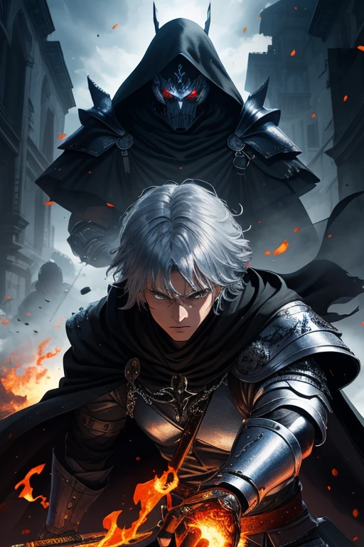 (absurdities, official art, Unity 8k wallpaper, ultra detailed, high quality, best quality), 1 warrior, detailed face, attentive and focused eyes, black cloak, flaming sword, very elaborate, highly detailed silver armor, absurd, with the sword in his right hand in attack position, masterpiece,