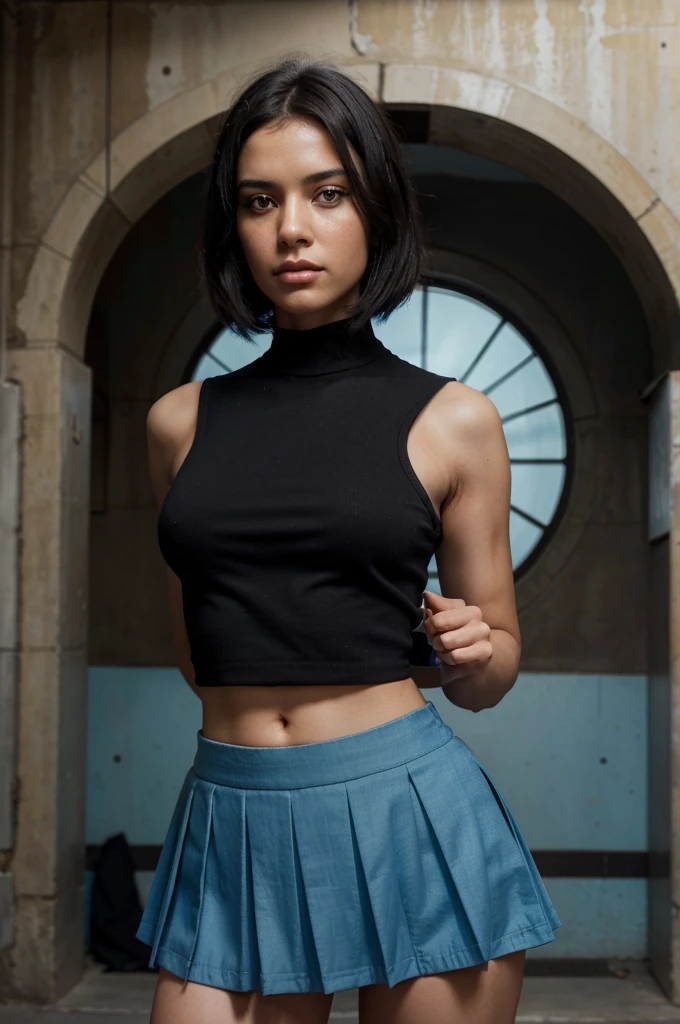 (highest resolution, distinct_image), Best Quality, Masterpiece, Very detailed, semi-realist, a woman with shoulder-length black hair, black pupils, maduro, maduro woman, imperial sister, sexy, short hair, triple bangs, light blue uniform, light blue uniform jacket, Soldier, light blue pleated skirt, military uniform, combat front, future, Science fiction, universe